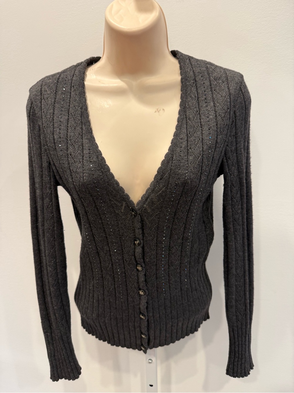 Escada Dark Gray Ribbed V-Neck Button Cardigan Embellish Knit Sweater Size 34